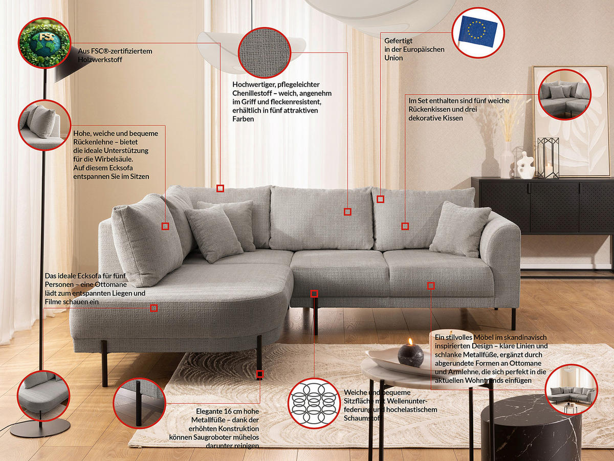 ECKSOFA Mauris Taupe Chenille Rückenkissen  - Taupe/Creme, Design, Kunststoff/Textil (200/233cm) - Livetastic