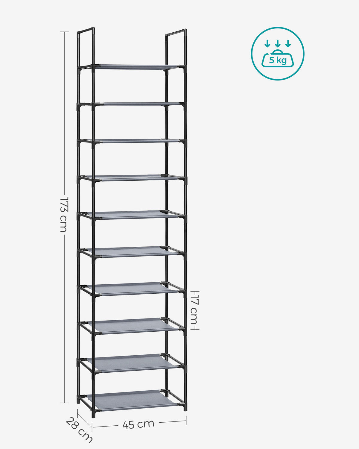 REGÁL NA TOPÁNKY, sivá, 45/173/28 cm - sivá, Basics, kov/textil (45/173/28cm)