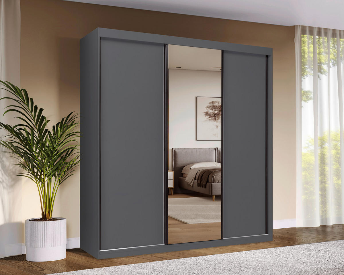 SCHIEBETÜRENSCHRANK 200/215/59,5 cm 3-türig  - Schwarz/Graphitfarben, MODERN, Holzwerkstoff/Metall (200/215/59,5cm) - MID.YOU