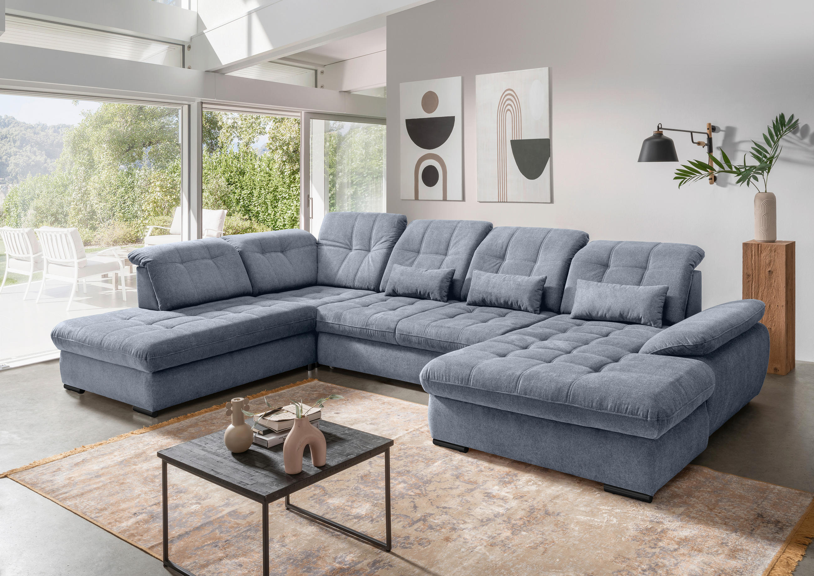 WOHNLANDSCHAFT in Chenille Hellblau  - Schwarz/Hellblau, Modern, Textil/Metall (252/387/184cm) - Livetastic