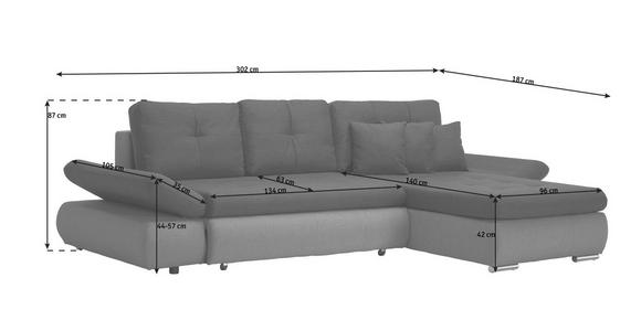 ECKSOFA Grau Webstoff  - Chromfarben/Grau, Design, Kunststoff/Textil (302/187cm) - Carryhome