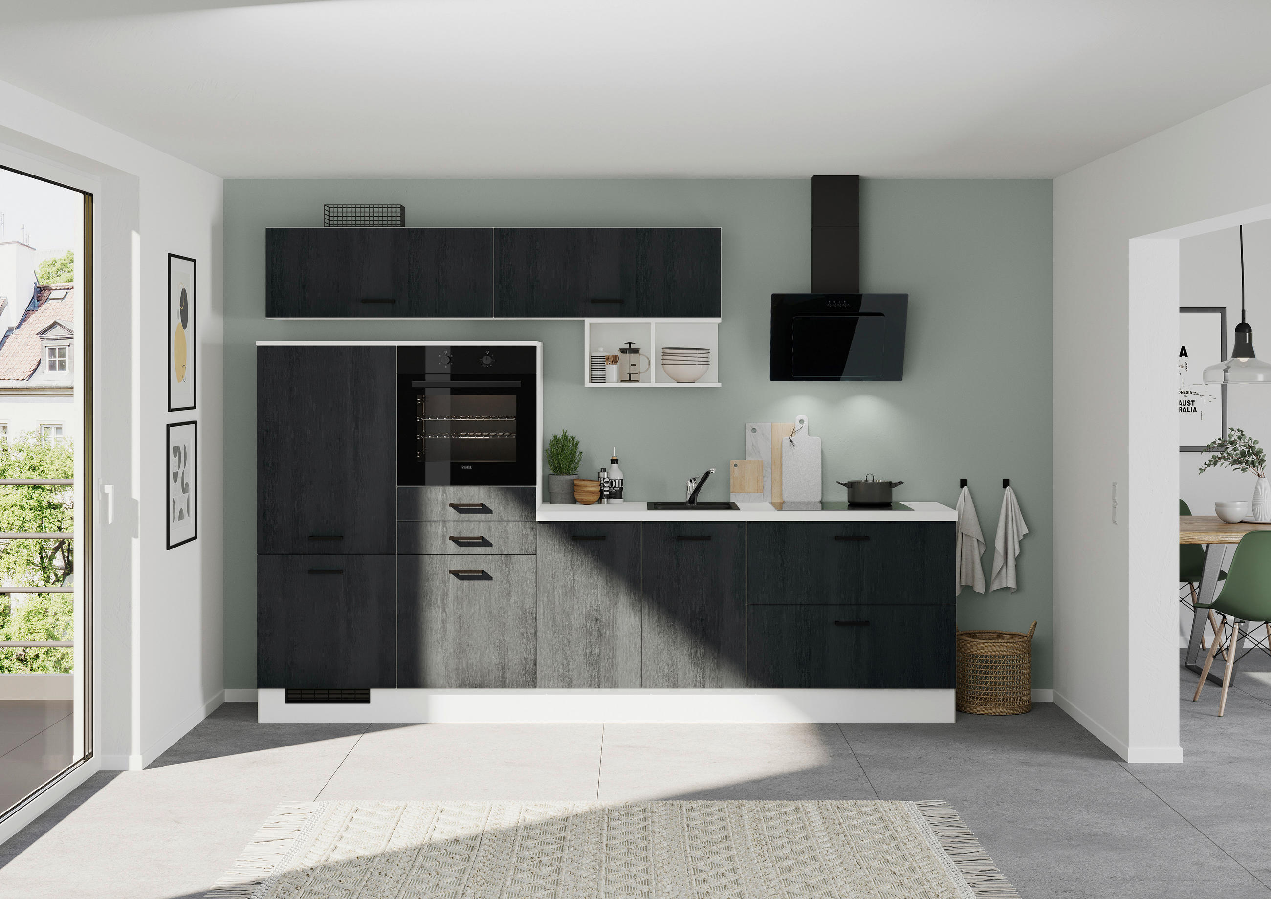 KÜCHENBLOCK 300 cm   in Eiche dunkel, Schwarz  - Eiche dunkel/Schwarz, Design, Holzwerkstoff/Metall (300cm) - Impuls