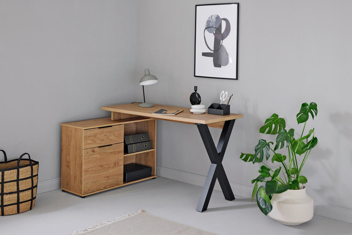 ECKSCHREIBTISCH 140/95/76 cm  in Eichefarben  - Eichefarben/Schwarz, Modern, Holzwerkstoff/Metall (140/95/76cm) - Livetastic