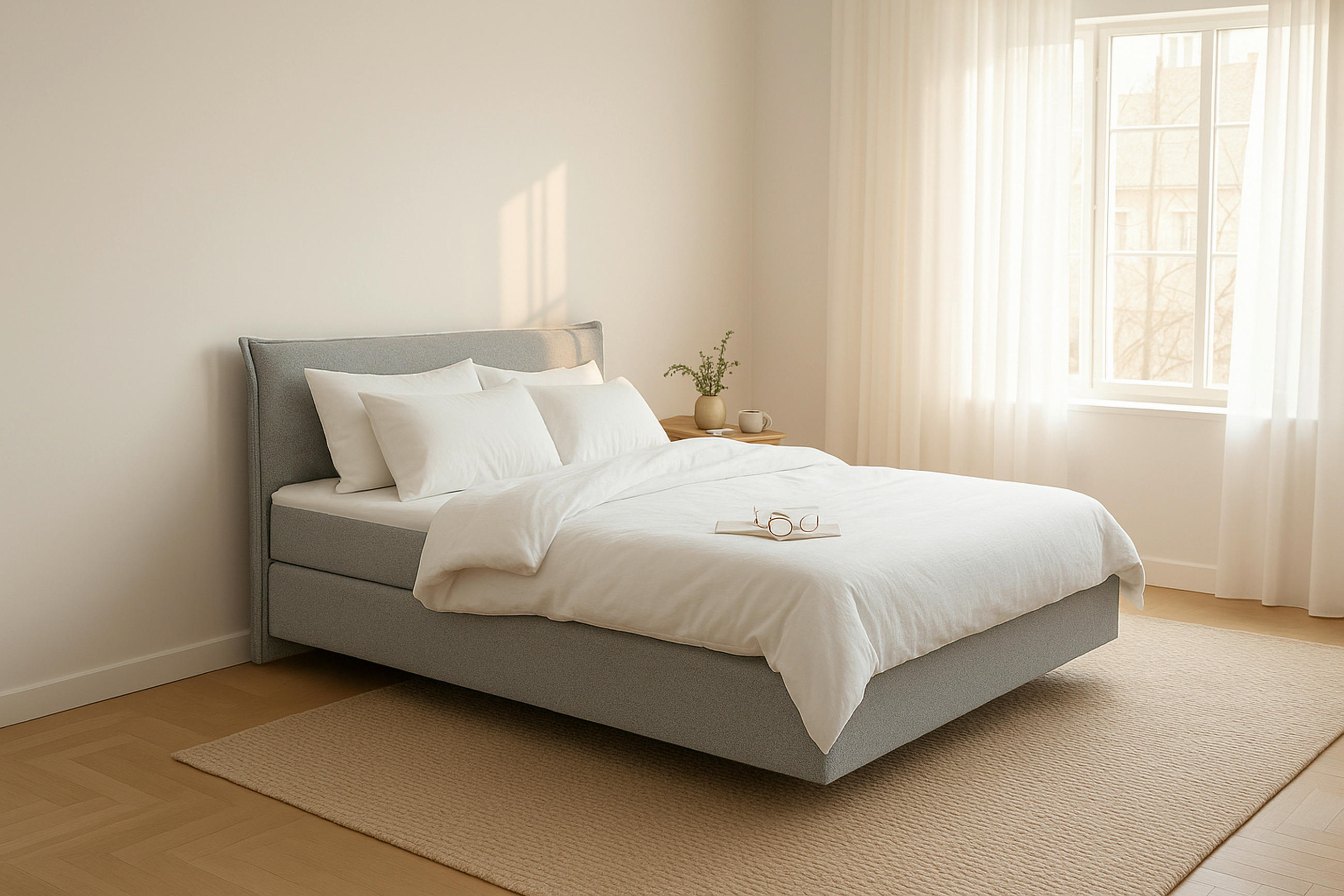 BOXSPRINGBETT 140/200 cm,  in Hellgrau, Matratze, gepolstertes Kopfteil, Topper, H3 + H3 = fest  - Hellgrau/Schwarz, Trend, Textil (140/200cm) - Chameo