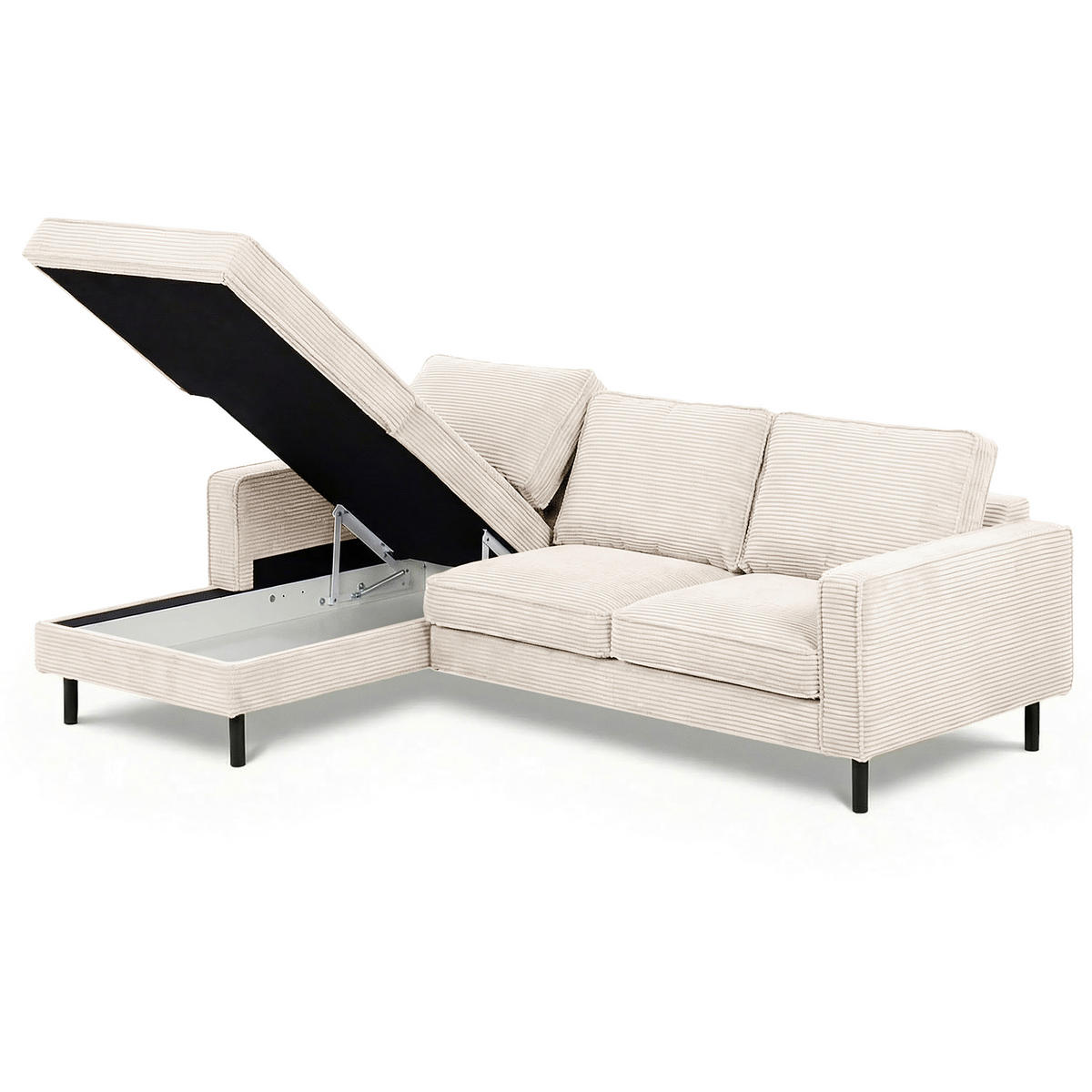 ECKSOFA Creme Cord Bettkasten, Schlaffunktion, Rücken echt  - Creme/Schwarz, Design, Textil/Metall (166/238cm) - Livetastic