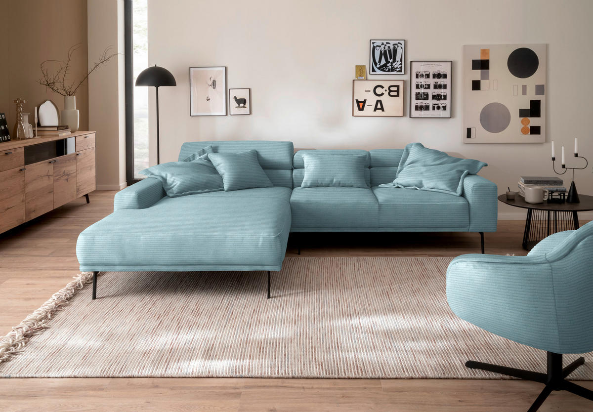 ECKSOFA Cord Hellblau  - Schwarz/Hellblau, Design, Textil/Metall (215-217/293cm) - Schöner Wohnen