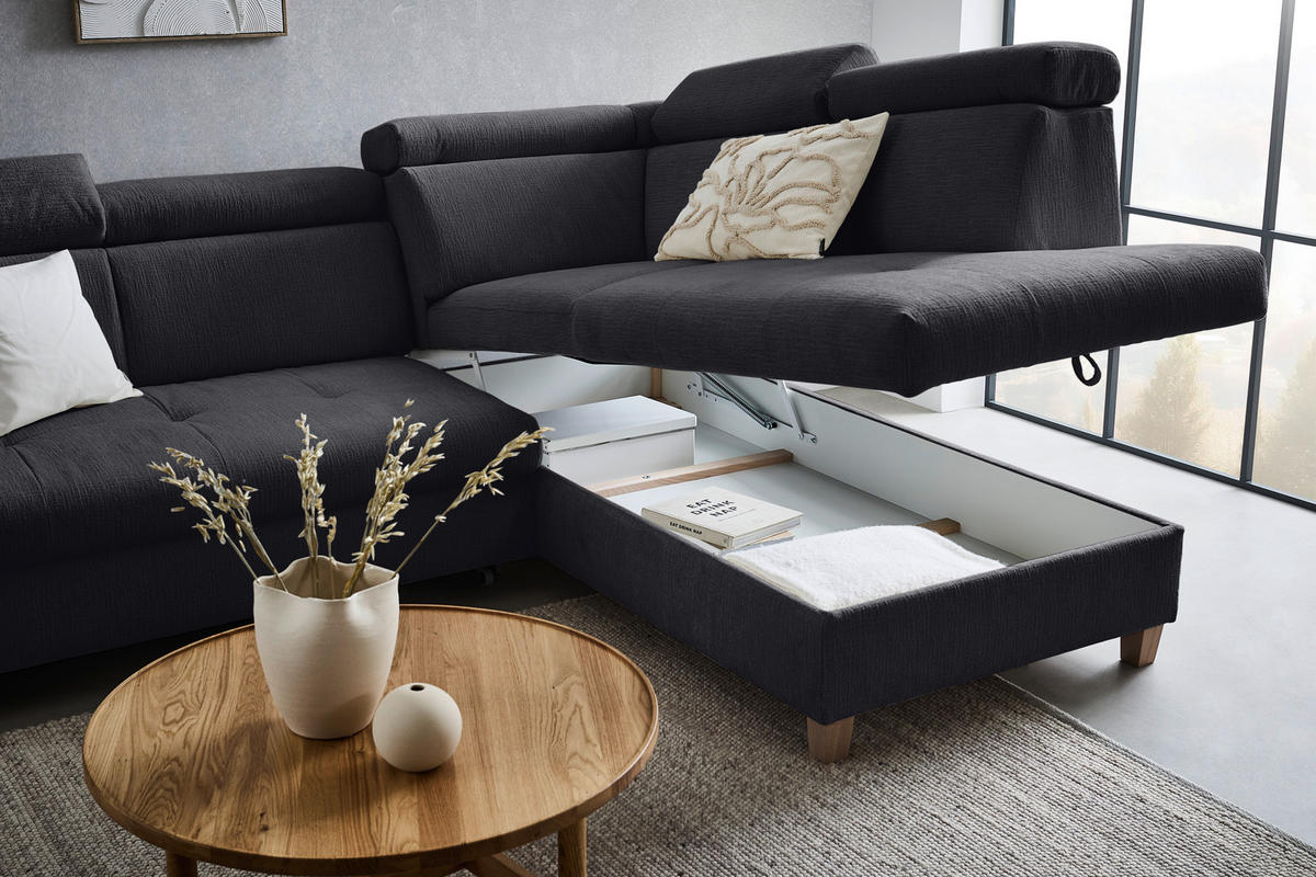 ECKSOFA inkl. Funktionen Graphitfarben Samt  - Graphitfarben/Bronzefarben, Design, Holz/Textil (261/206cm) - Venda