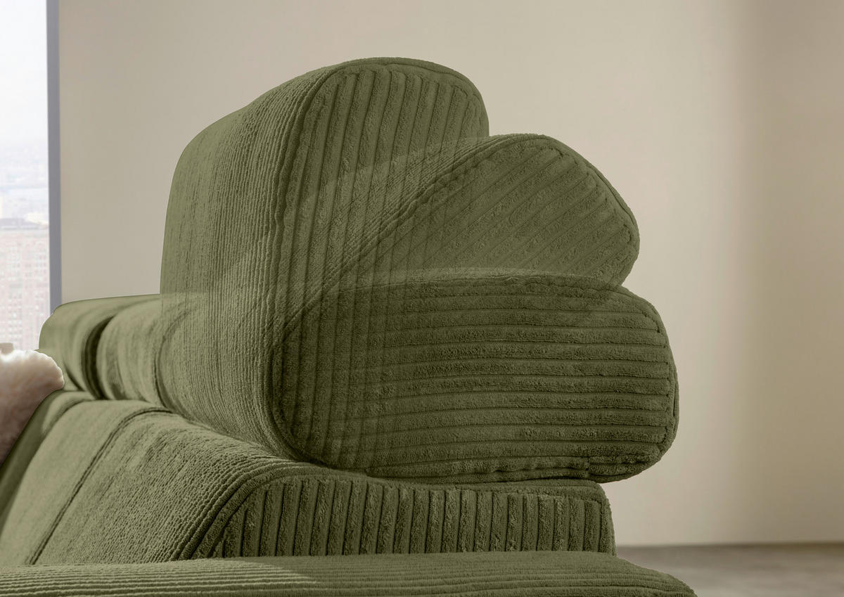 ECKSOFA Olivgrün Cord Rücken echt, Kopfteilverstellung, Sitzvorzug  - Schwarz/Olivgrün, KONVENTIONELL, Textil/Metall (170/257cm) - Carryhome