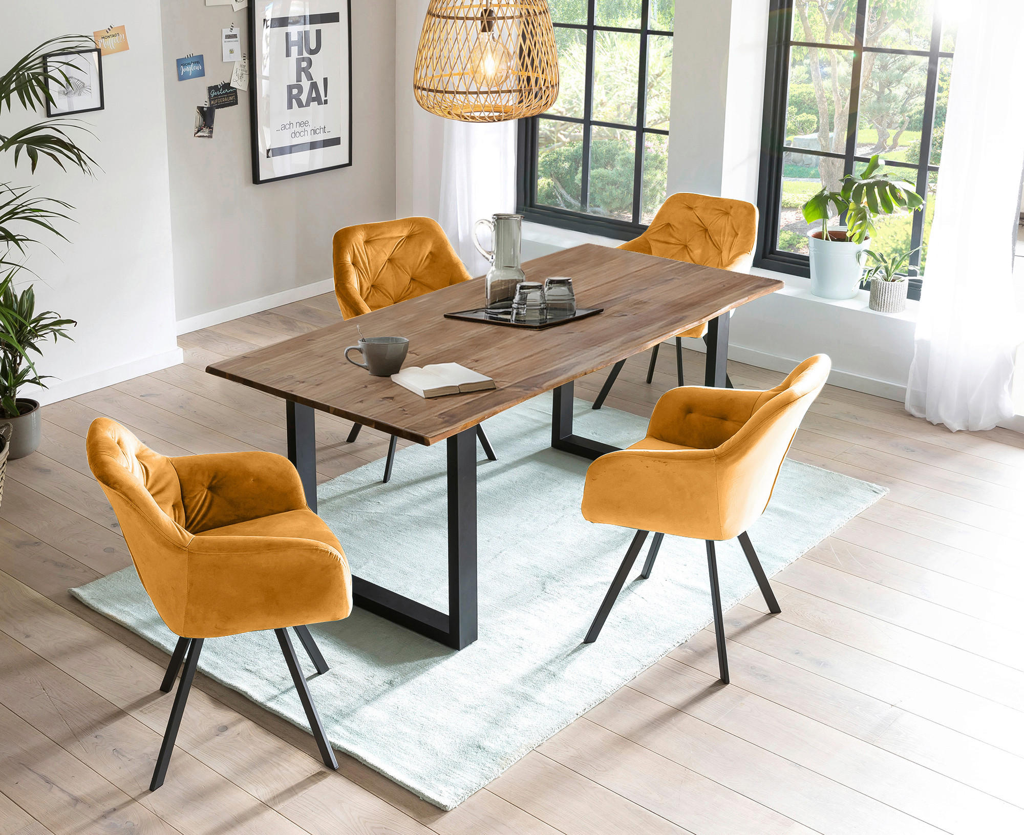 TISCHGRUPPE   - Senfgelb/Walnussfarben, MODERN, Holz/Textil (180/90/75cm) - Livetastic