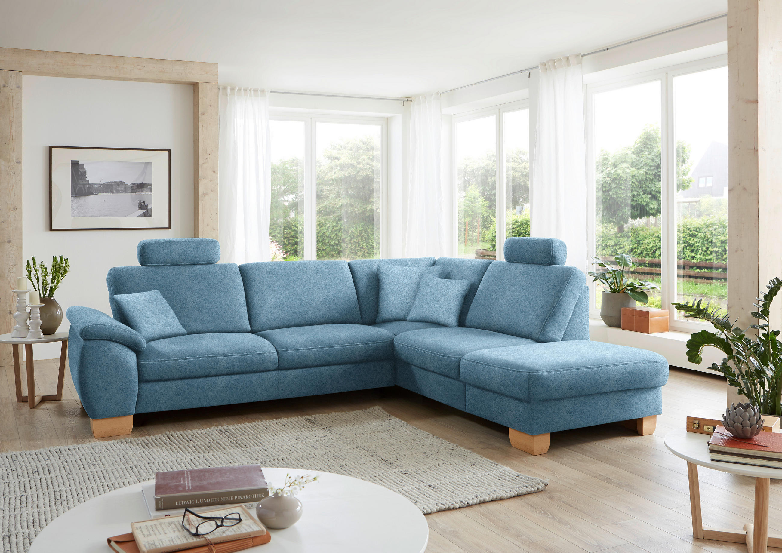 ECKSOFA in Mikrofaser Hellblau  - Wildeiche/Beige, Natur, Holz/Textil (286/236cm) - Voleo