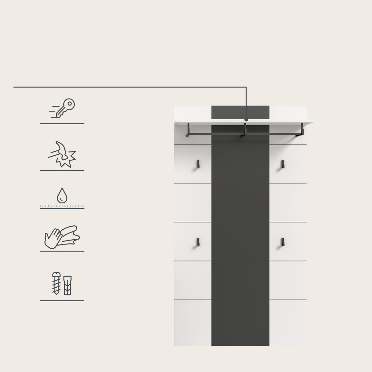 GARDEROBENPANEEL  in 80/145/29 cm  - Weiß/Grau, Design, Holzwerkstoff (80/145/29cm) - Livetastic