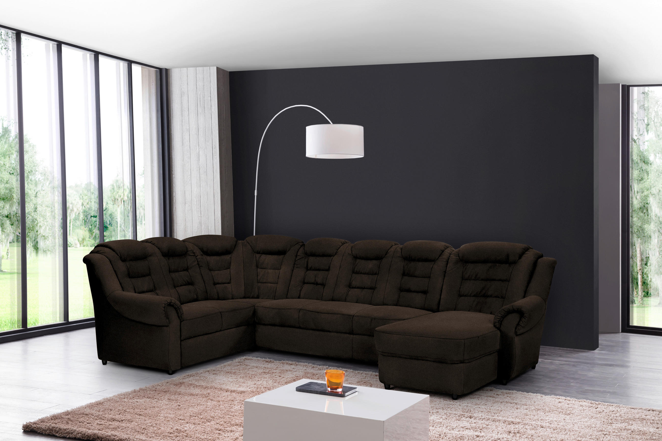 WOHNLANDSCHAFT in Chenille Braun  - Schwarz/Braun, Konventionell, Kunststoff/Textil (216/333/165cm) - Livetastic