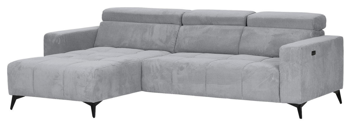 ECKSOFA Hellgrau Cord Rücken echt, Kopfteilverstellung, Sitzvorzug  - Hellgrau/Schwarz, KONVENTIONELL, Textil/Metall (170/257cm) - Carryhome
