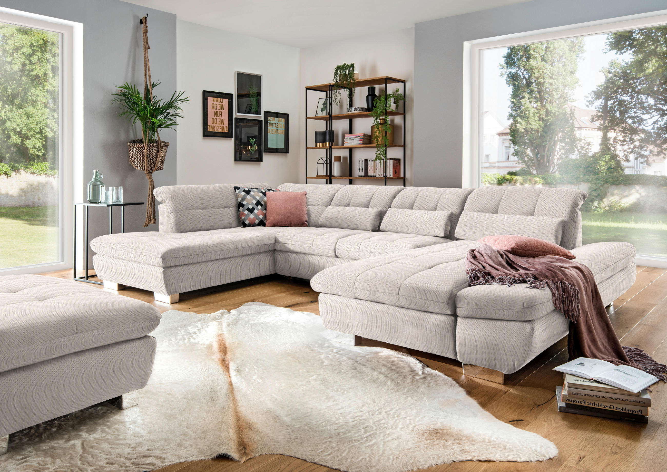 WOHNLANDSCHAFT in Mikrofaser Ecru  - Chromfarben/Ecru, Design, Kunststoff/Textil (211/350/204cm) - Xora