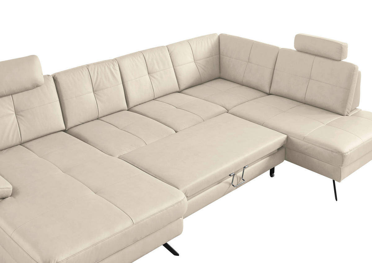 WOHNLANDSCHAFT in Lederlook, Mikrofaser Creme, Naturfarben  - Creme/Schwarz, Design, Textil/Metall (345/220cm) - Beldomo System