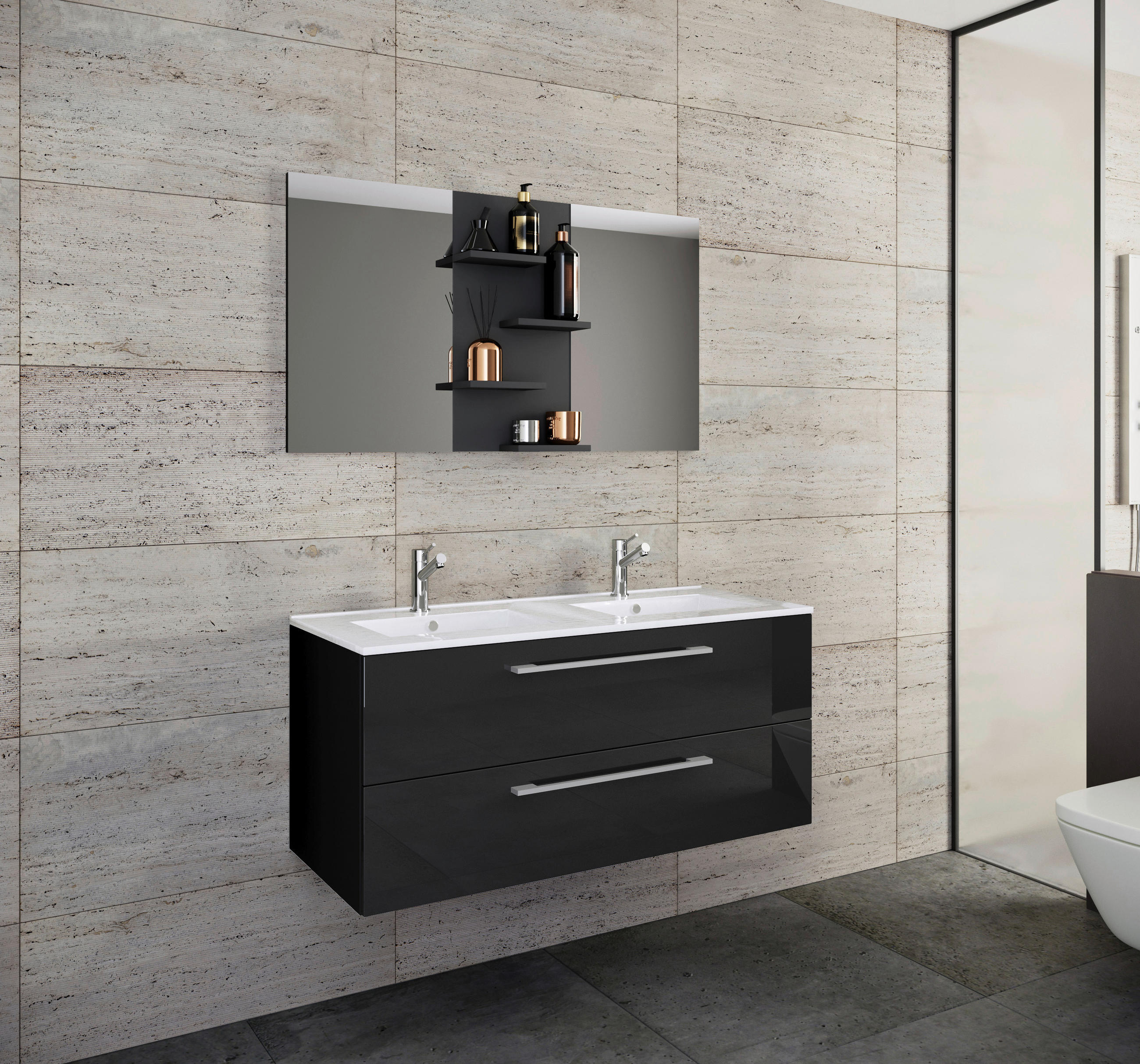 Thumbnail - Mid.you Badezimmer VCM Budasi, Schwarz, Holzwerkstoff, 2 Schublade(n) Schubladen, 112 cm, hängend, Badezimmer, Badmöbels...