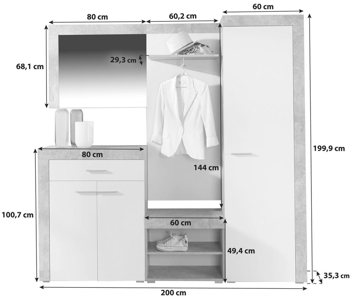 GARDEROBE 5-teilig  in 200/200/35,3 cm  - Weiß/Grau, MODERN, Holzwerkstoff (200/200/35,3cm) - MID.YOU