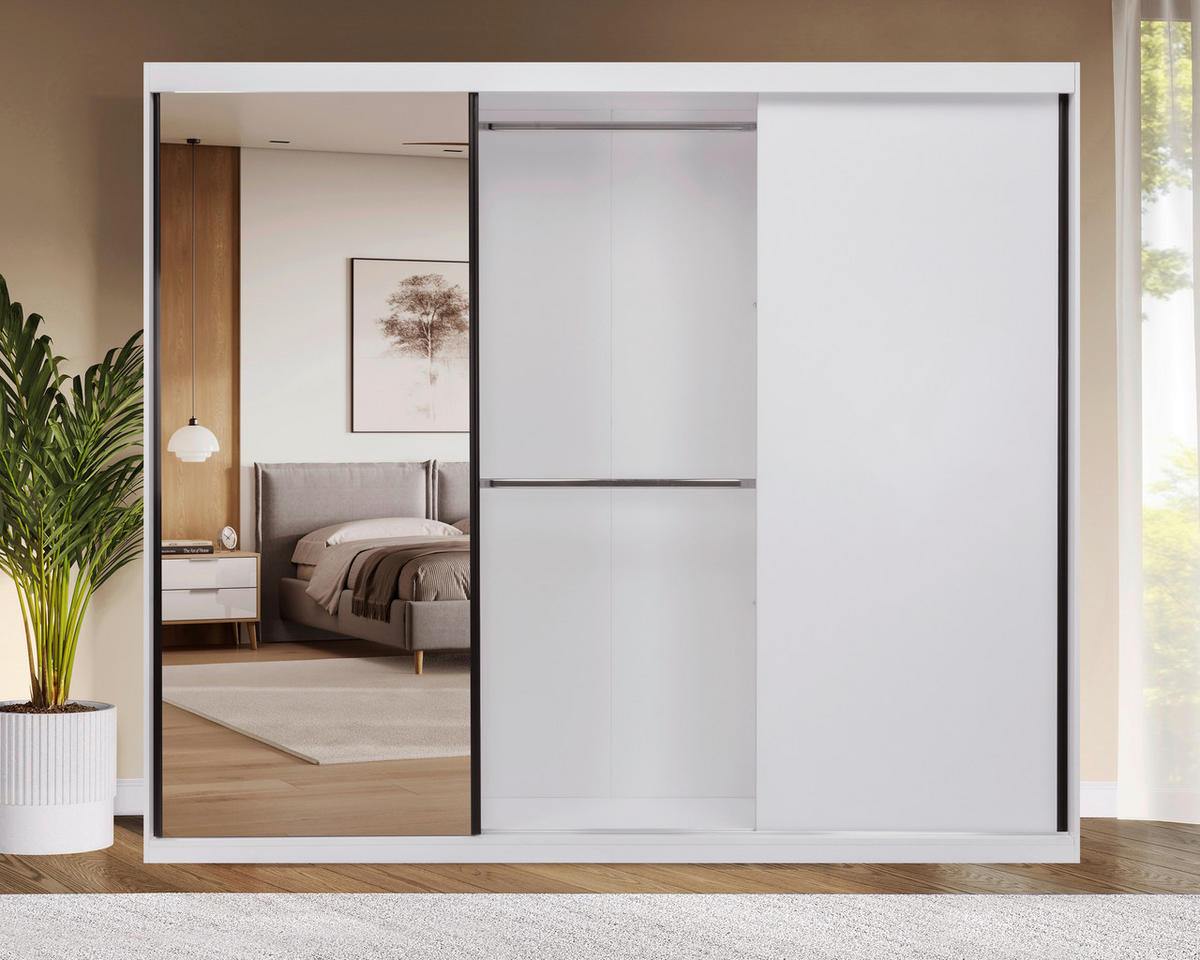 SCHIEBETÜRENSCHRANK 250/215/59,5 cm 3-türig Weiß  - Schwarz/Weiß, MODERN, Holzwerkstoff/Metall (250/215/59,5cm) - MID.YOU