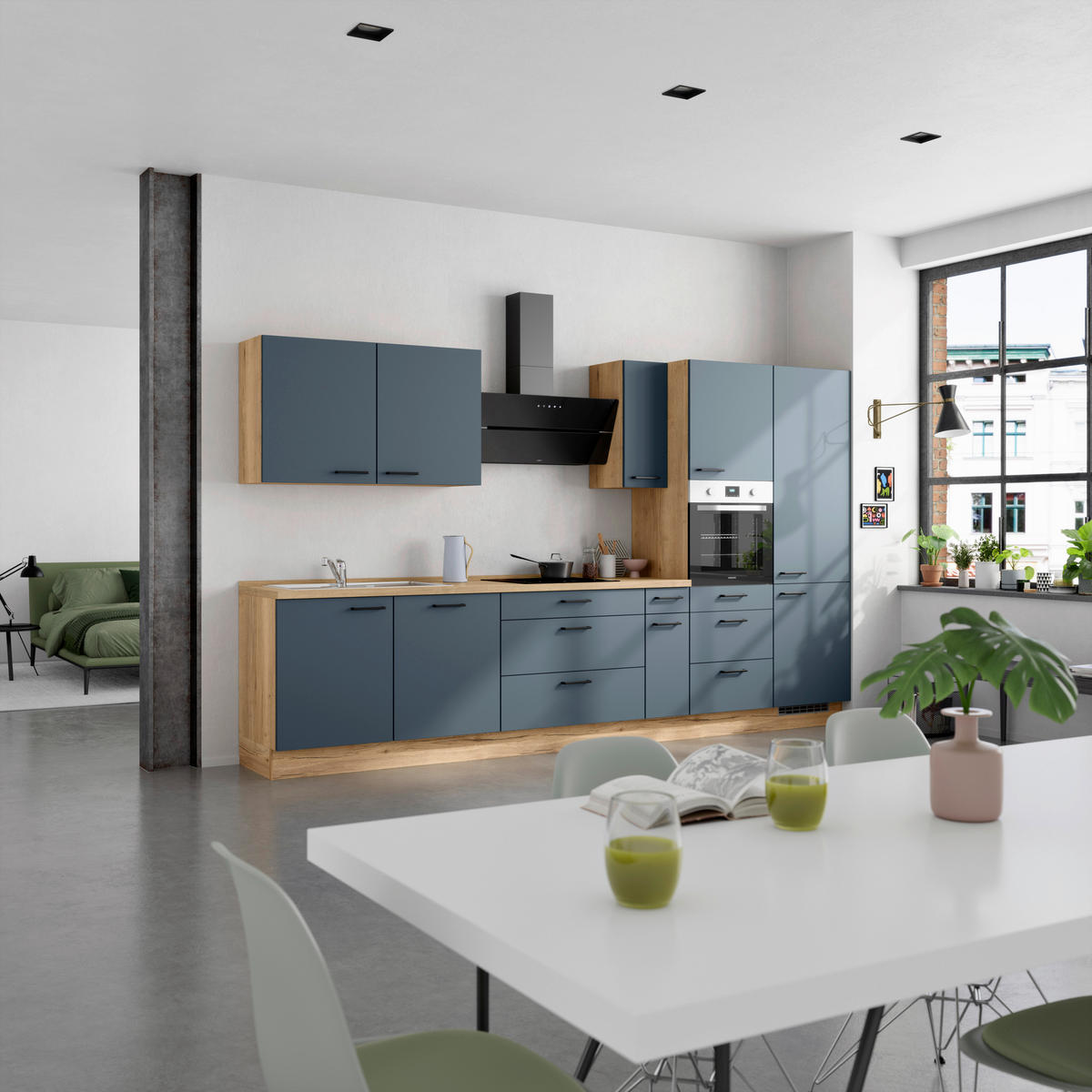 KÜCHENBLOCK Easytouch 360 cm  in Eichefarben, Dunkelblau  - Eichefarben/Schwarz, MODERN, Holzwerkstoff/Metall (360cm) - Nobilia