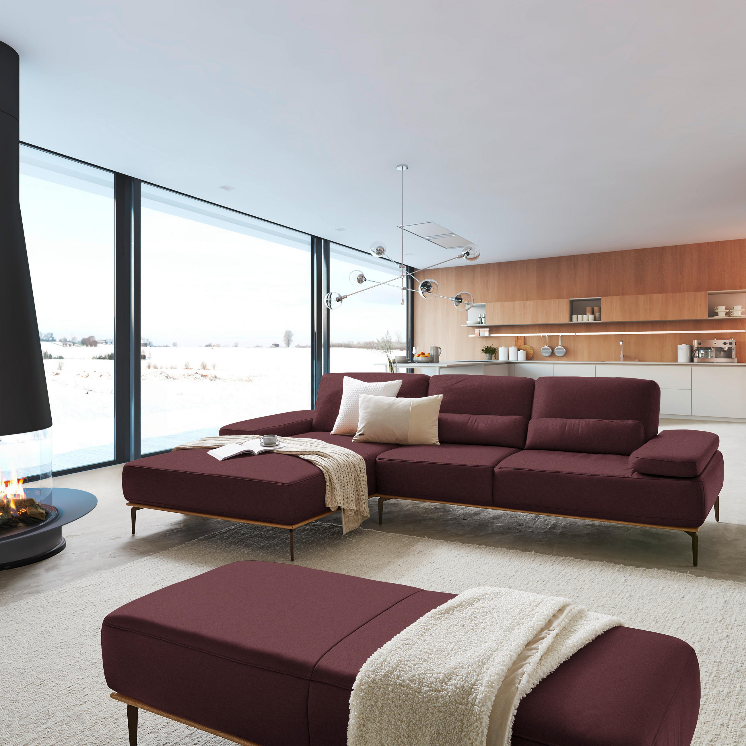 ECKSOFA in Echtleder Bordeaux  - Bordeaux/Bronzefarben, Design, Leder/Holz (176/314cm) - Valnatura