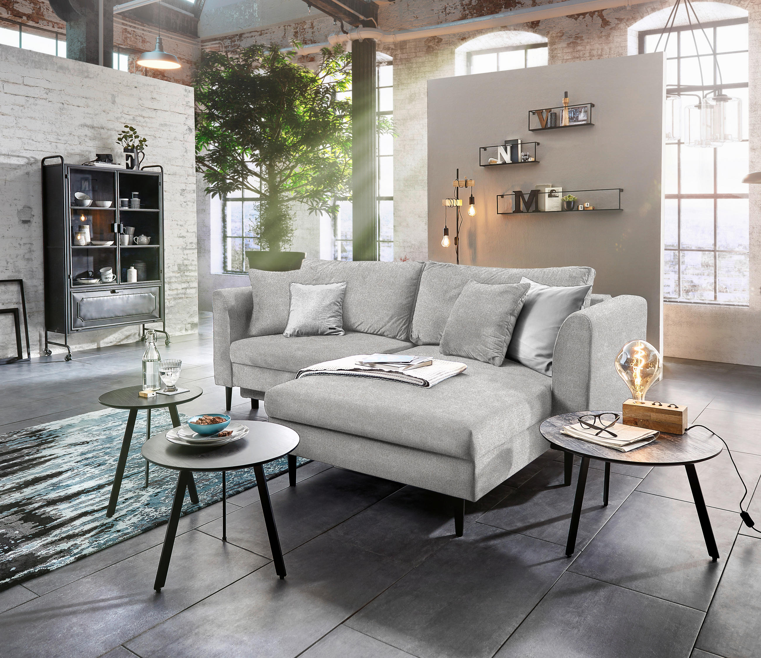 ECKSOFA in Velours Hellgrau  235/165 cm  - Hellgrau/Schwarz, Design, Holz/Textil (235/165cm) - Ti'me