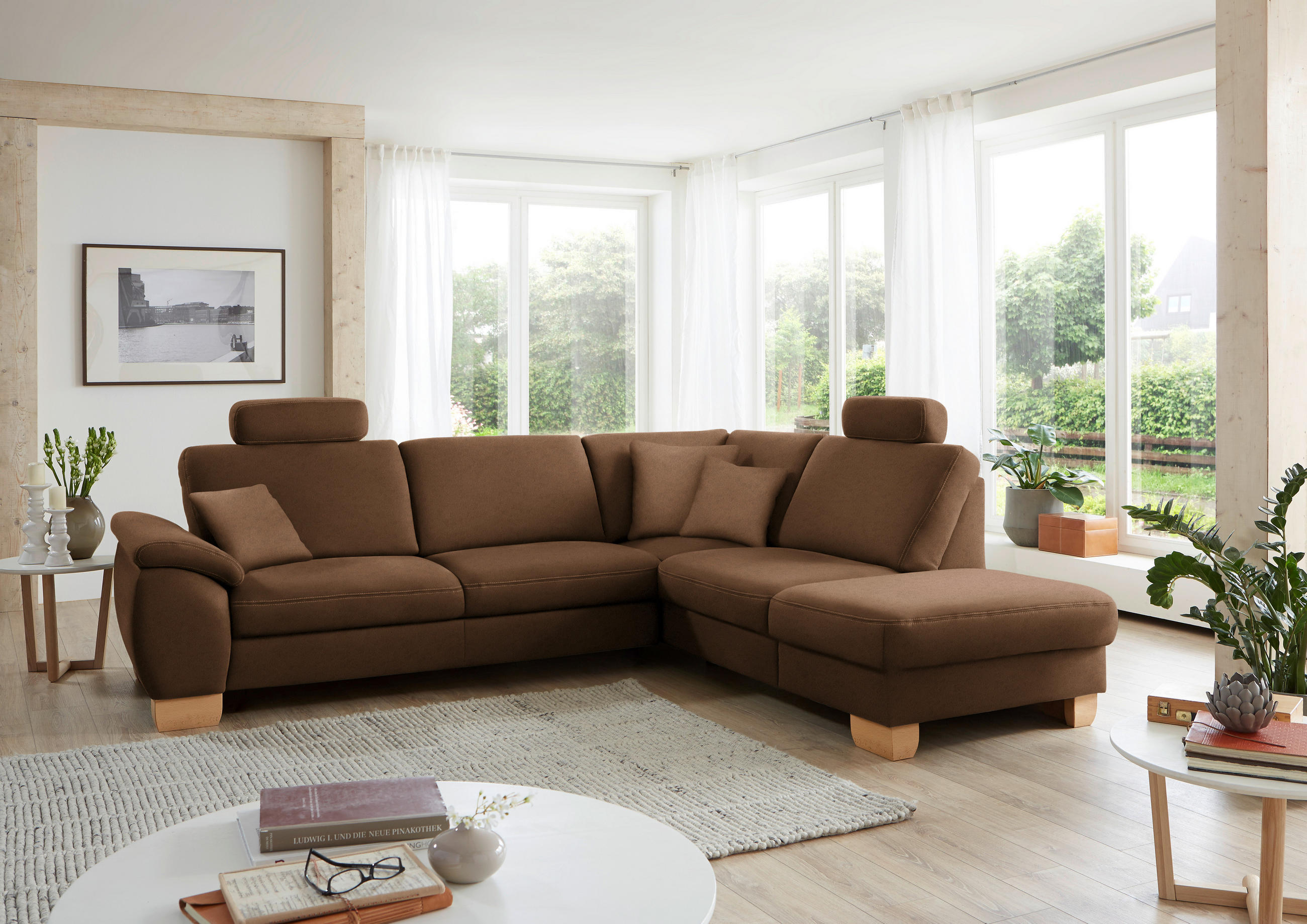 ECKSOFA in Mikrofaser Braun  - Wildeiche/Beige, Natur, Holz/Textil (286/236cm) - Voleo
