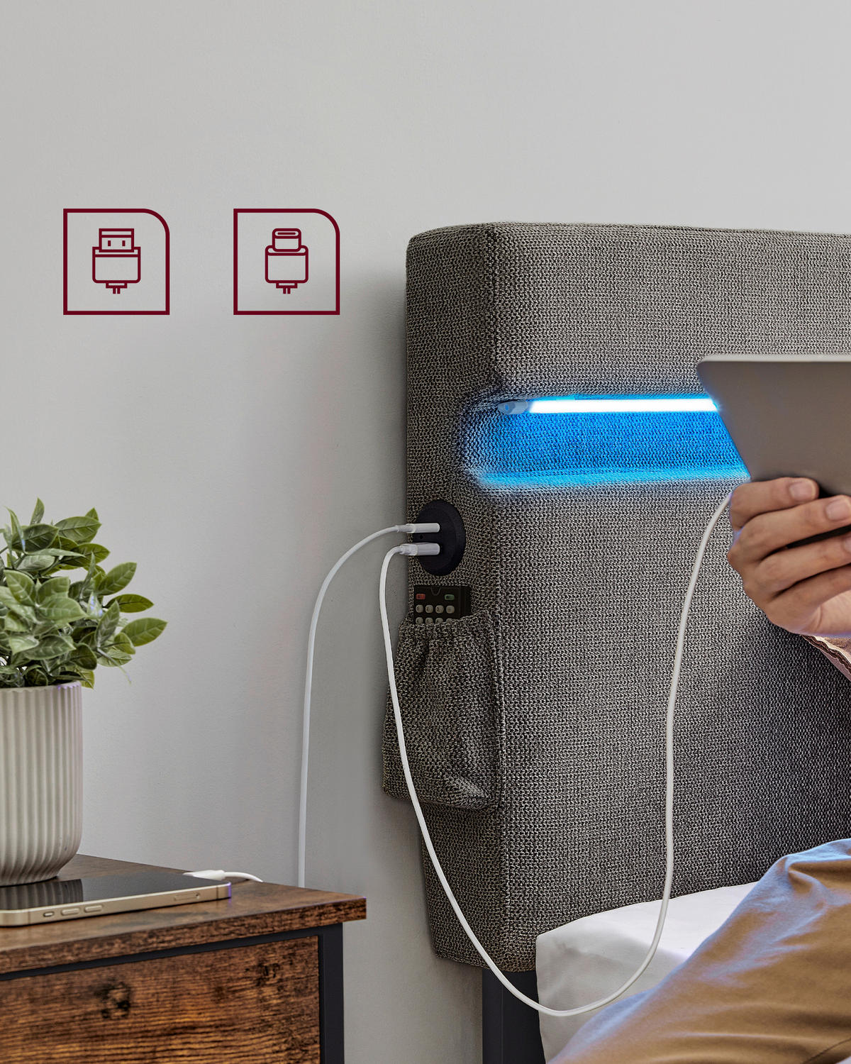 POLSTERBETT 90/200 cm,  in Dunkelgrau, Beleuchtung, Betttasche, Lattenroste, Befestigungsmaterial,  - Dunkelgrau/Schwarz, Basics, Holz/Textil (90/200cm) - Boxxx