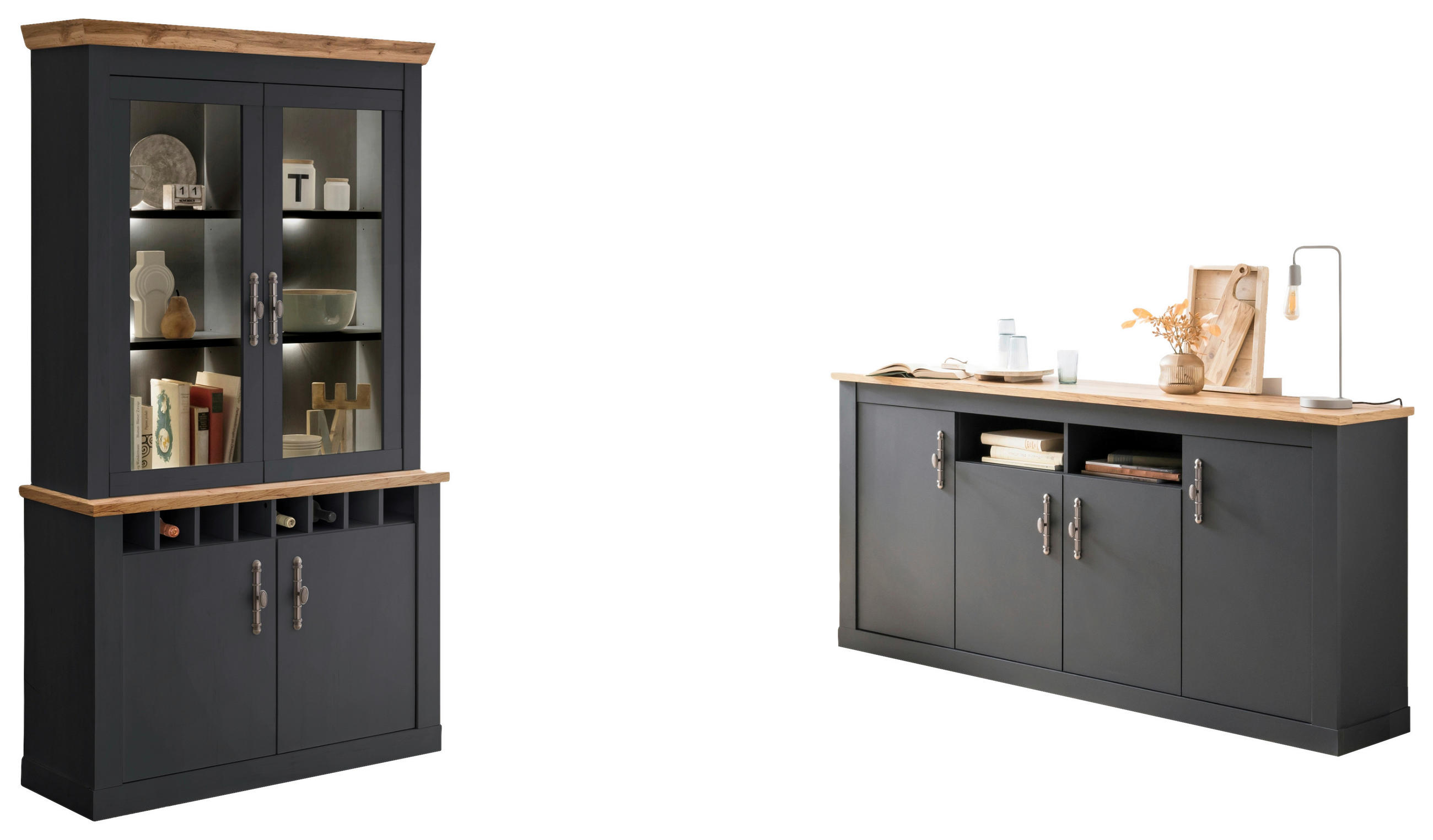 WOHNWAND 2-teilig  in Anthrazit, Eiche Wotan   - Anthrazit/Silberfarben, Design, Holzwerkstoff/Metall - MID.YOU