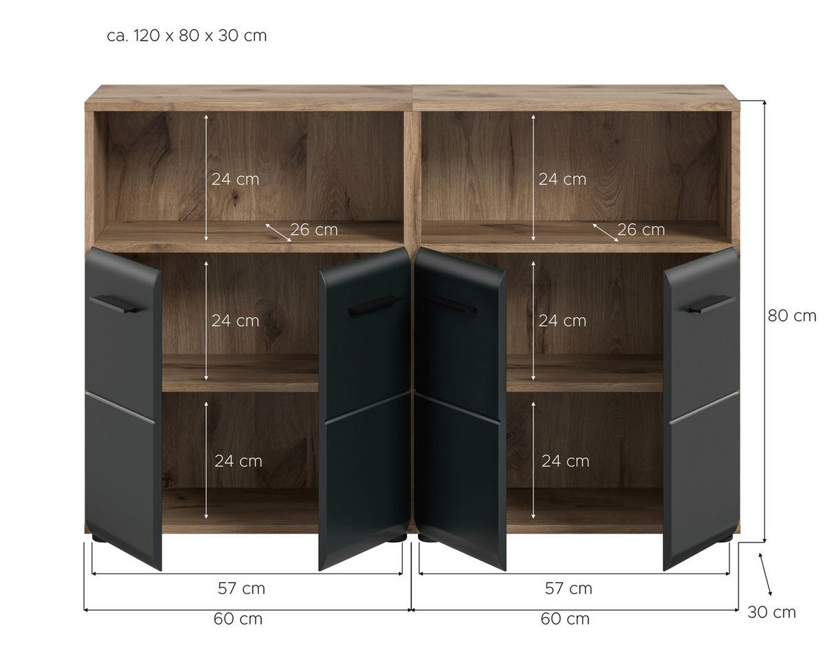 BADEZIMMER 2-teilig  in  - Eiche dunkel/Schwarz, Basics, Holzwerkstoff/Kunststoff (120/80/30cm) - MID.YOU