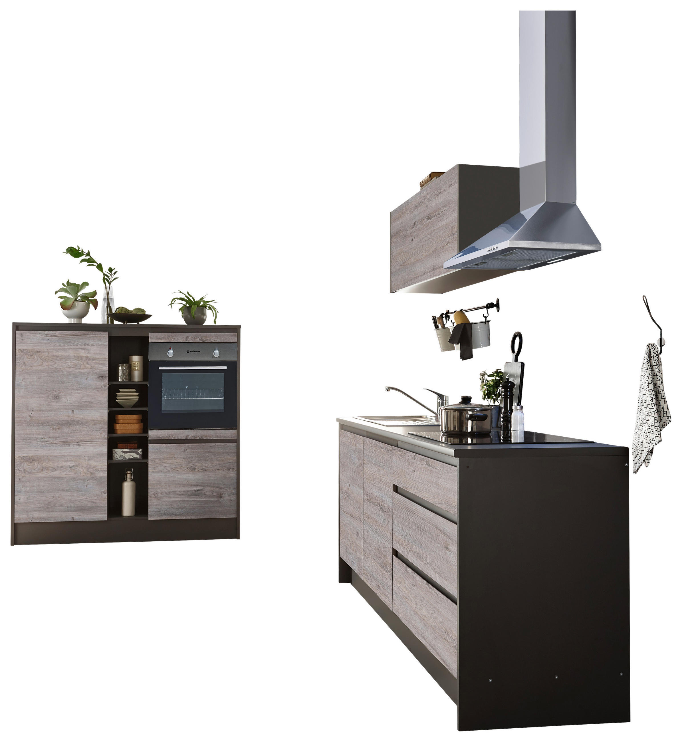 BUCĂTĂRIE FĂRĂ ELECTROCASNICE  - culoare lemn stejar/antracit, Modern, material pe bază de lemn (210+150cm) - MID.YOU