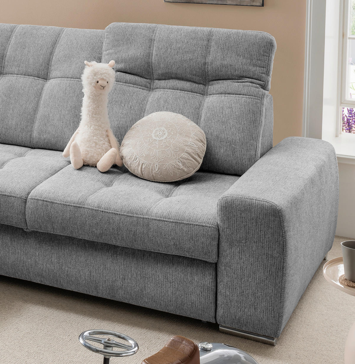 ECKSOFA FRIDO Dunkelgrau Chenille Rücken echt, Kopfteilverstellung, Sitztiefenverstellung  - Chromfarben/Dunkelgrau, KONVENTIONELL, Textil/Metall (186/283cm) - Livetastic