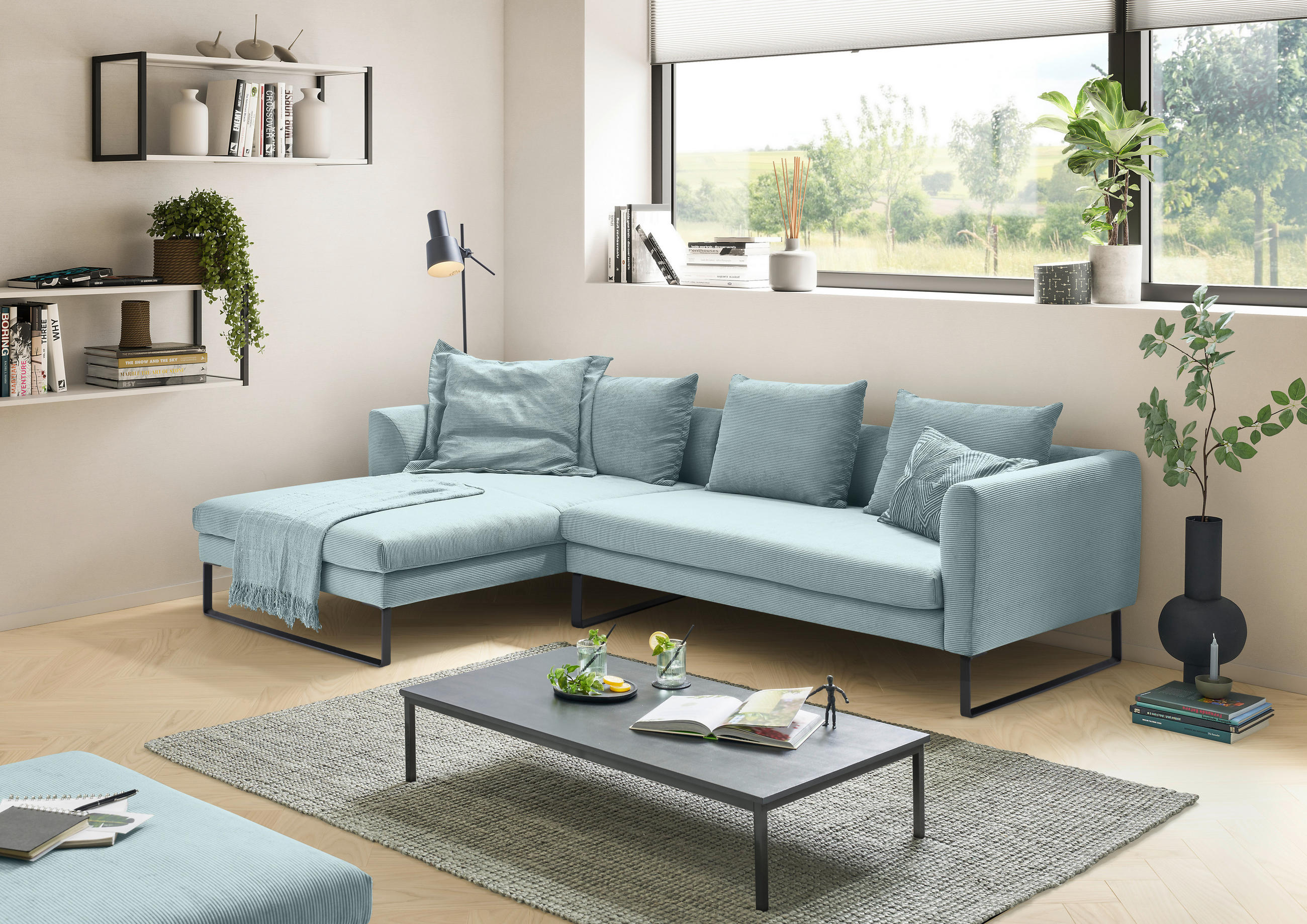ECKSOFA Hellblau Cord  - Schwarz/Hellblau, KONVENTIONELL, Textil/Metall (178/284cm) - Hom`in