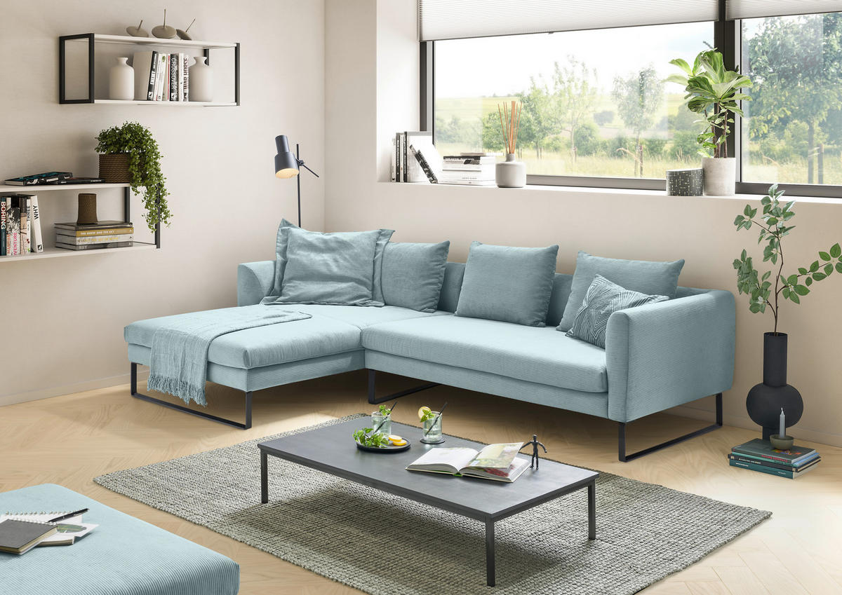 ECKSOFA in Cord Hellblau  - Schwarz/Hellblau, Konventionell, Textil/Metall (178/284cm) - Hom`in