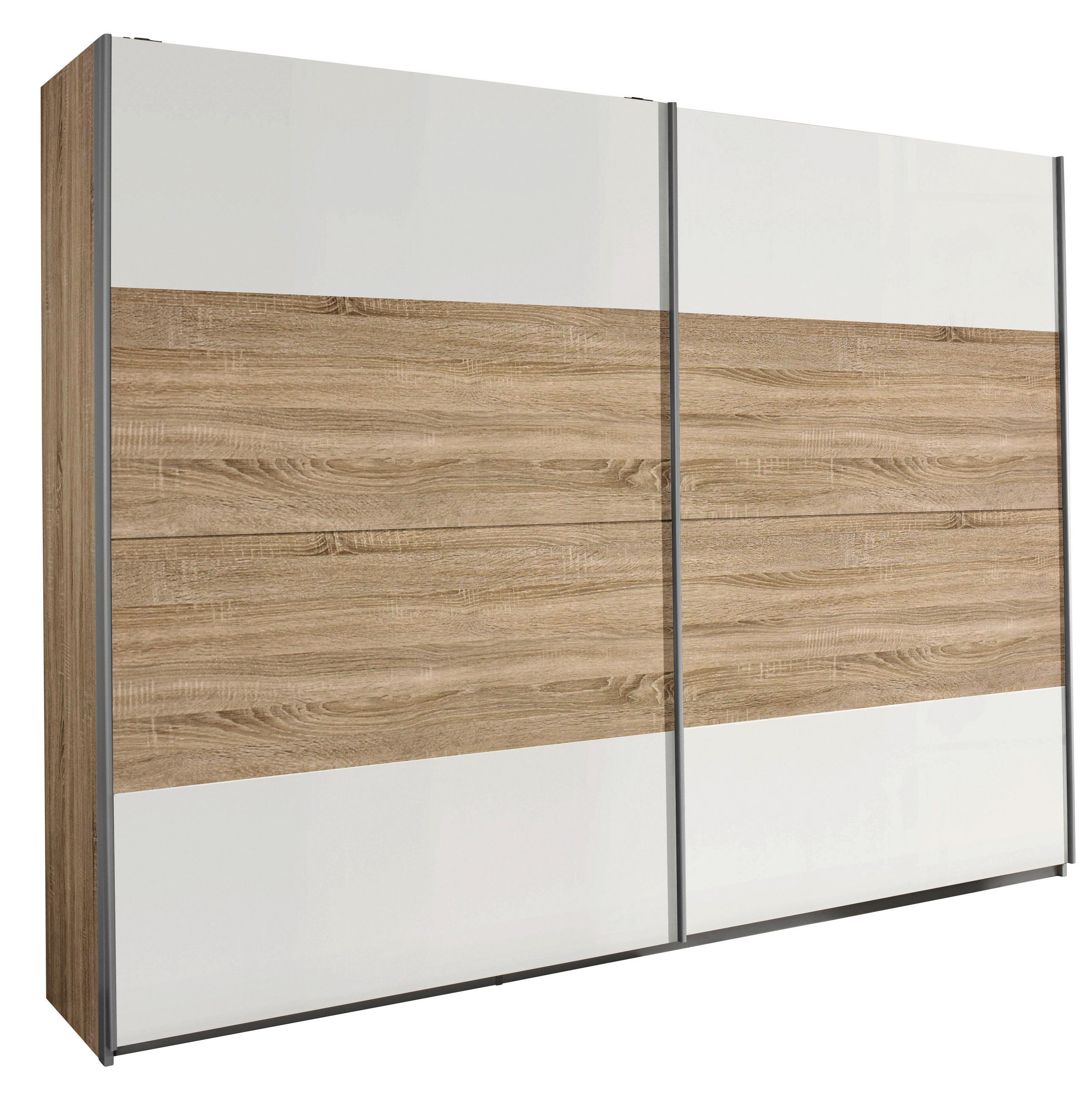 SCHWEBETÜRENSCHRANK in Weiss, Sonoma Eiche  - Weiss/Alufarben, Design, Holzwerkstoff/Metall (226/210/62cm) - Xora