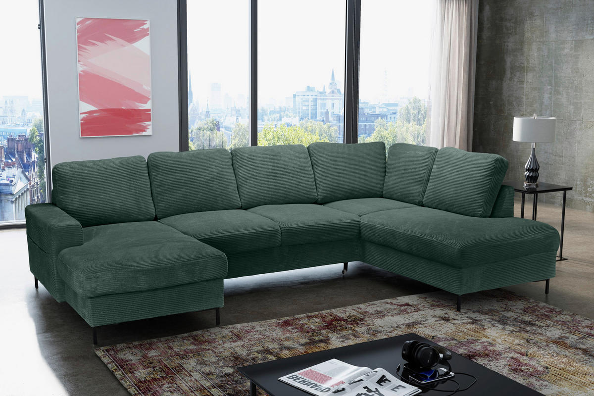 WOHNLANDSCHAFT Dunkelgrün Cord  - Dunkelgrün/Schwarz, KONVENTIONELL, Textil/Metall (148/303/197cm) - Carryhome