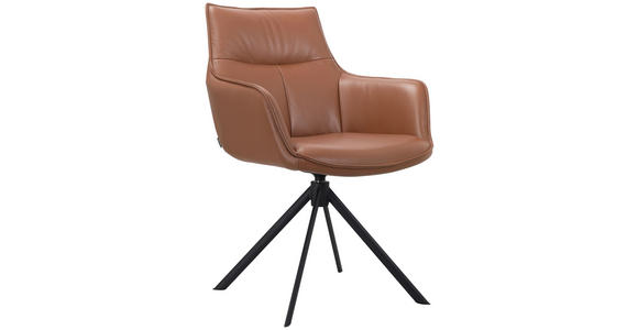 ARMLEHNSTUHL in Eisen Echtleder pigmentiert - Cognac/Schwarz, Design, Leder/Metall (60/89/63,5cm) - Novel