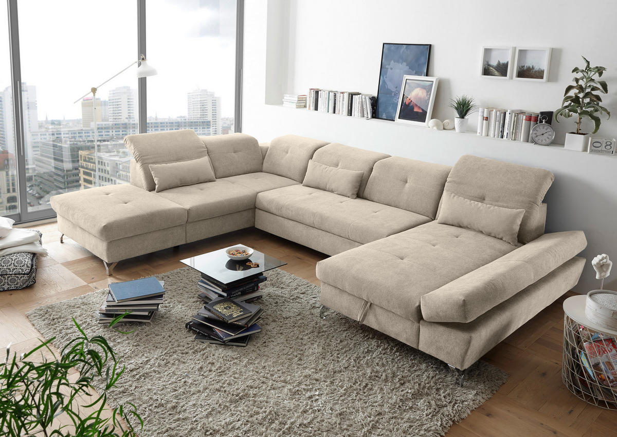 WOHNLANDSCHAFT Sandfarben Mikrovelours  - Sandfarben/Silberfarben, MODERN, Textil/Metall (245/350/168cm) - MID.YOU