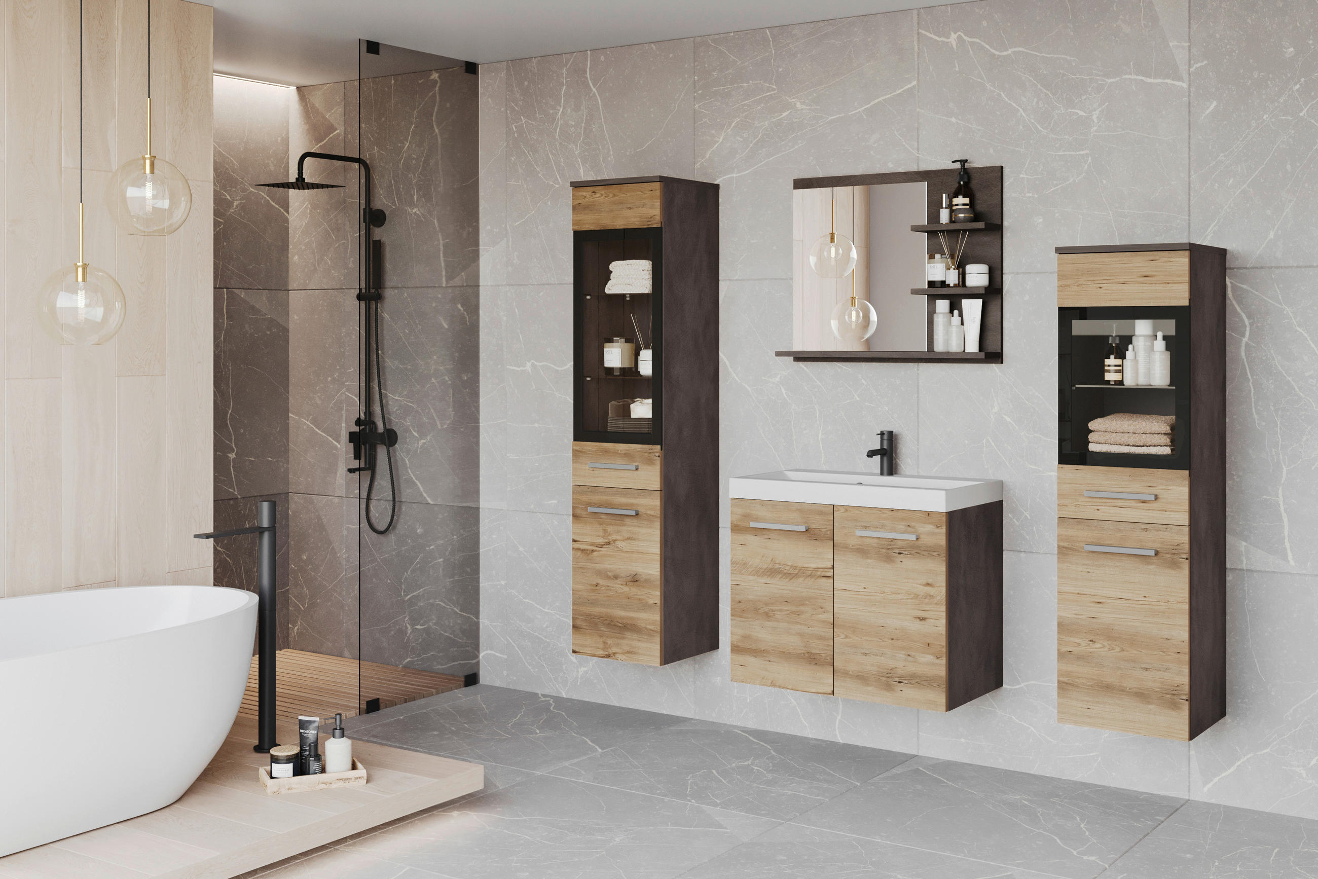 BADEZIMMER 5-teilig  in  - Kastanieneichefarben/Weiss, Lifestyle, Glas/Keramik (120,4/131,5/34,5cm) - P & B