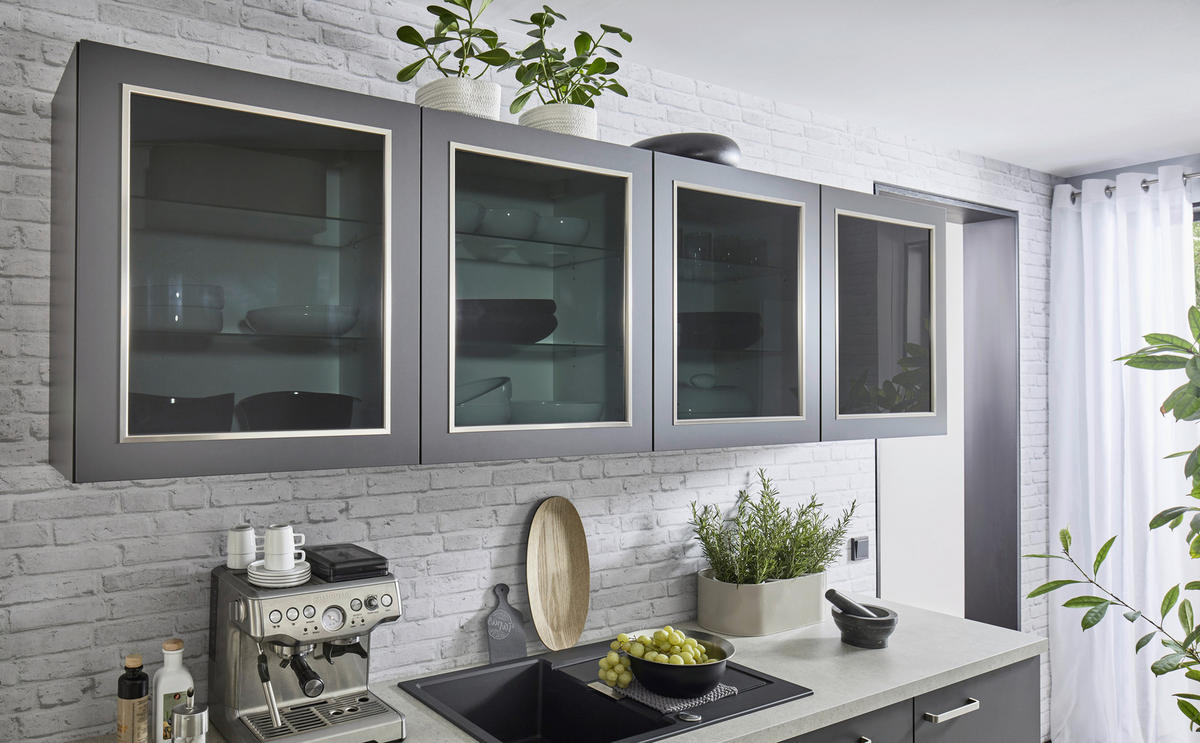 ECKKÜCHE 240/120 cm  in Graphitfarben  - Edelstahlfarben/Hellgrau, KONVENTIONELL, Glas/Holzwerkstoff (240/120cm) - Venda