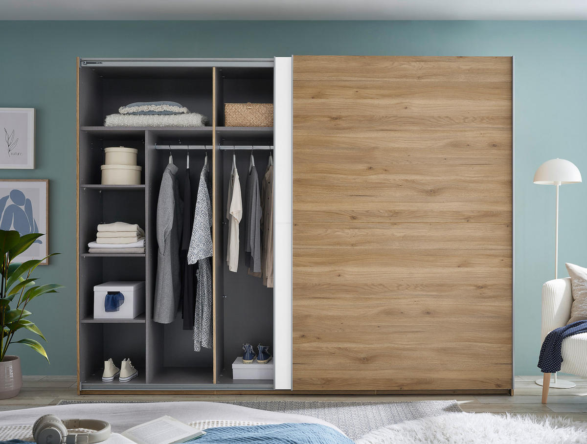 SCHWEBETÜRENSCHRANK 270/210/60 cm 2-türig Weiß, Eichefarben  - Eichefarben/Alufarben, MODERN, Holzwerkstoff/Metall (270/210/60cm) - Livetastic