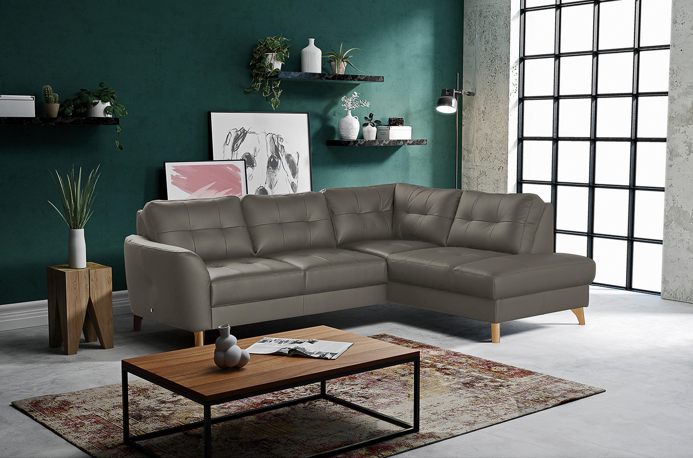 ECKSOFA in Lederlook Echtleder Schlammfarben  - Schlammfarben/Buchefarben, Design, Leder/Holz (236/190cm) - Livetastic
