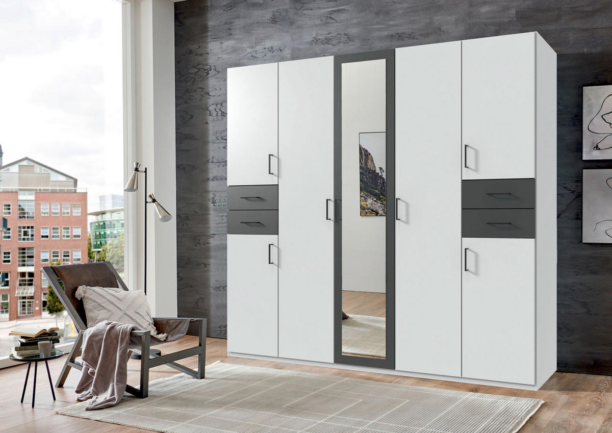DREHTÜRENSCHRANK  in Graphitfarben, Weiß  - Schwarz/Graphitfarben, Basics, Glas/Holzwerkstoff (225/208/58cm) - P & B