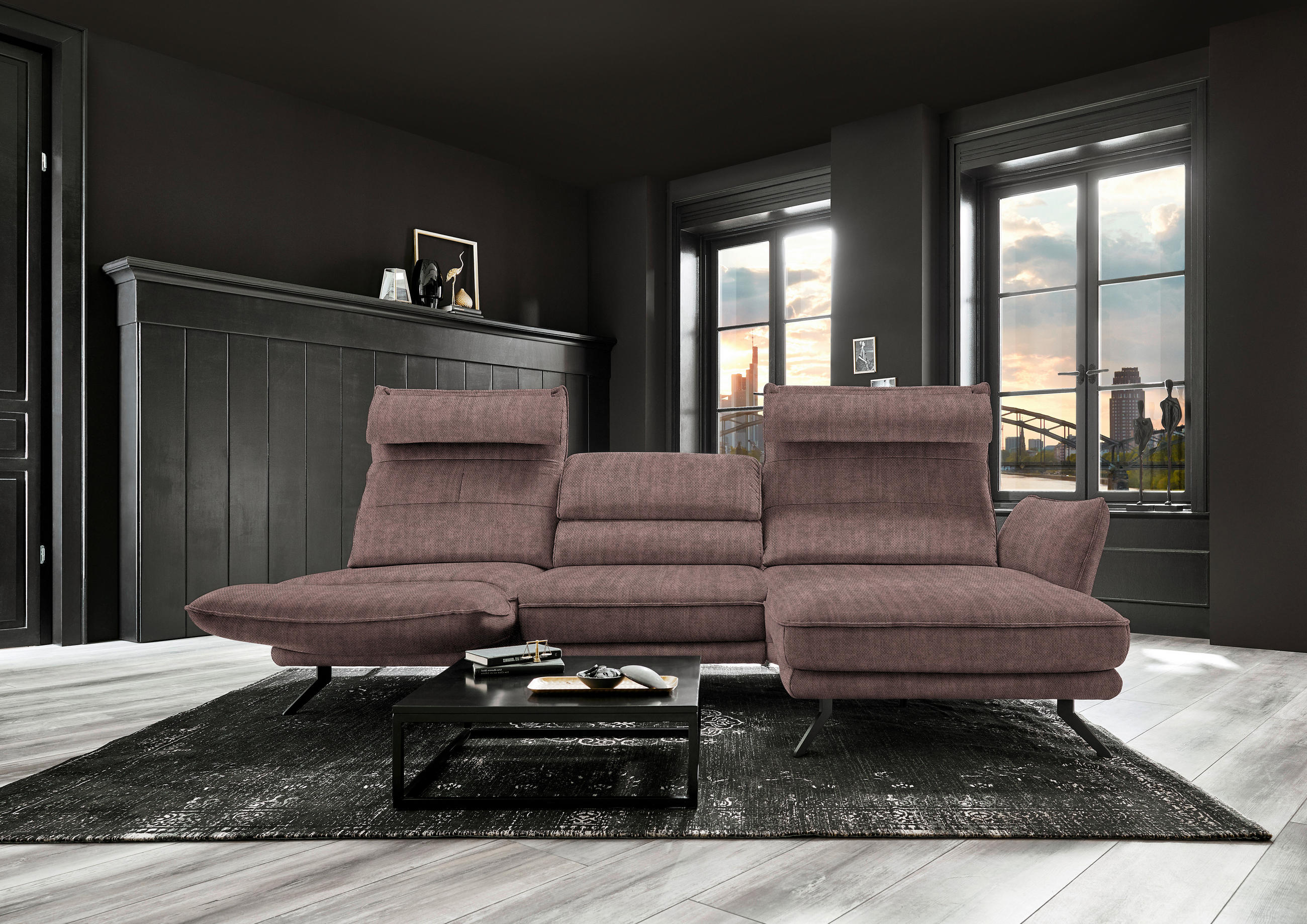 ECKSOFA in Velours Braun  - Schwarz/Braun, Design, Textil/Metall (283/153cm) - Valdera