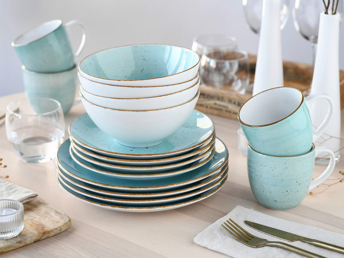 KOMBISERVICE Weiß, Hellblau Vintage Nature Aqua 16-teilig 4 Personen  - Weiß/Hellblau, Basics, Keramik - Creatable