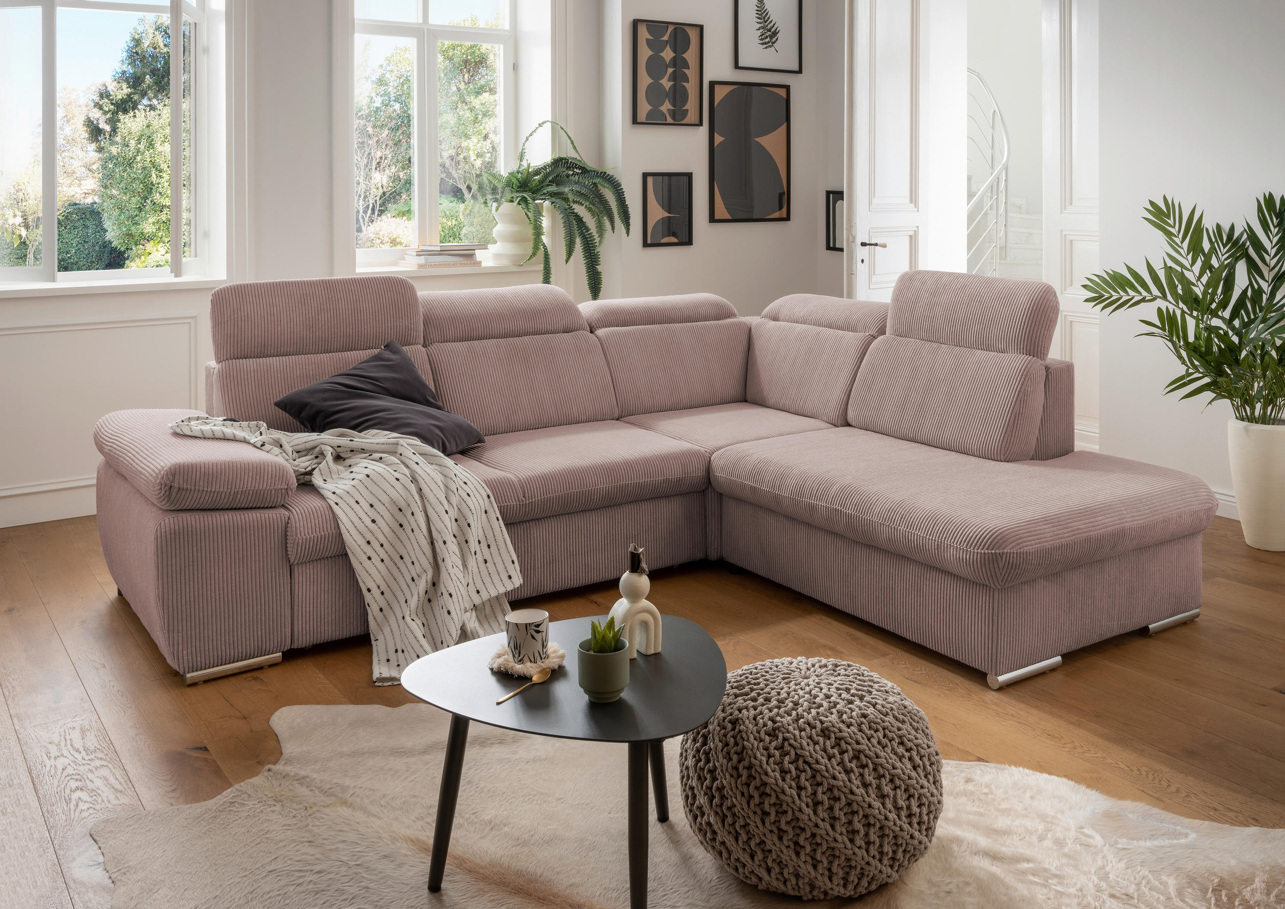 ECKSOFA Rosa Cord  - Chromfarben/Rosa, Design, Textil/Metall (283/228cm) - Livetastic