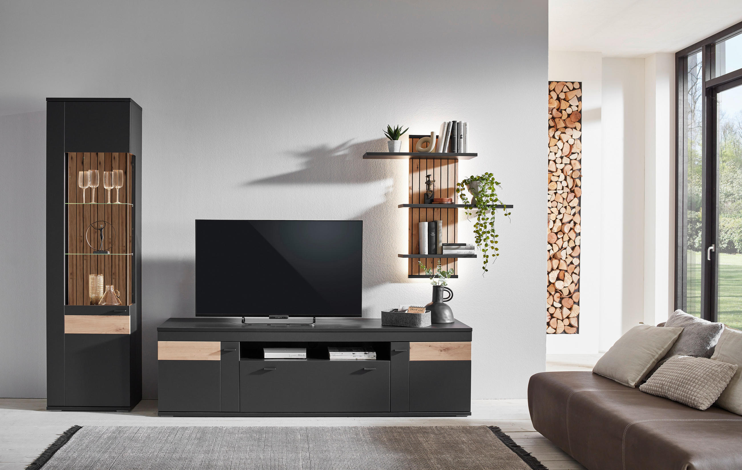 WOHNWAND  in Dunkelgrau, Eiche Artisan  296/205/50 cm  - Dunkelgrau/Schwarz, Design, Glas/Holzwerkstoff (296/205/50cm) - Stylife