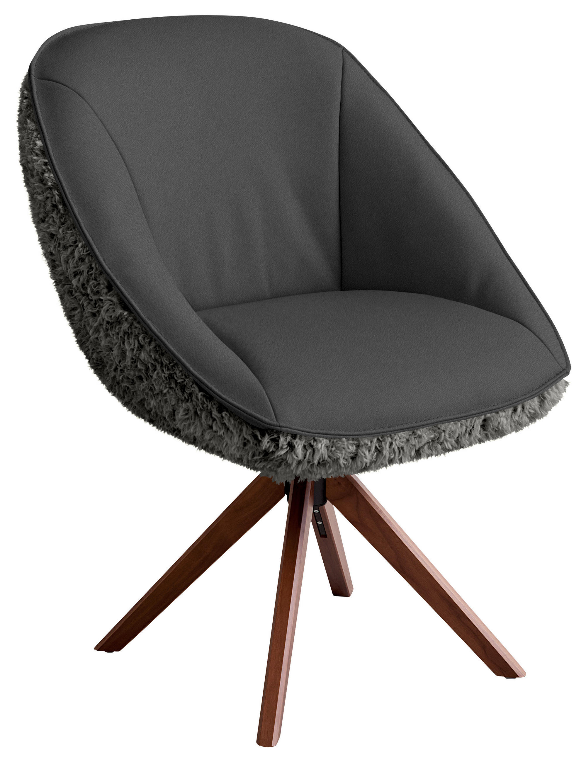 ARMLEHNSTUHL  Beinauswahl, Lederauswahl, Stoffauswahl, inklusive Armlehnen, automatische Rückholfunktion, gepolsterte Armlehnen, Sitzfläche 320° drehbar Hochflor Echtleder  - Graublau/Nussbaumfarben, Design, Leder/Holz (61/89/70cm) - Koinor