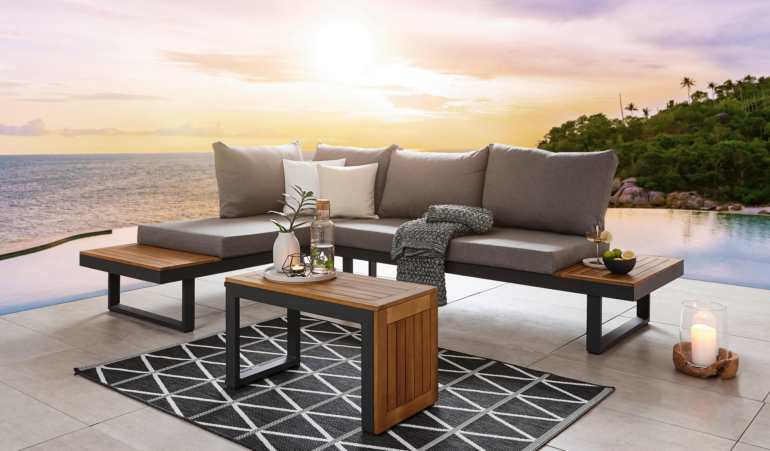 LOUNGEGARNITUR Anthrazit, Akaziefarben, Hellgrau Akazie massiv Aluminium - Anthrazit/Hellgrau, Design, Holz/Textil - Amatio