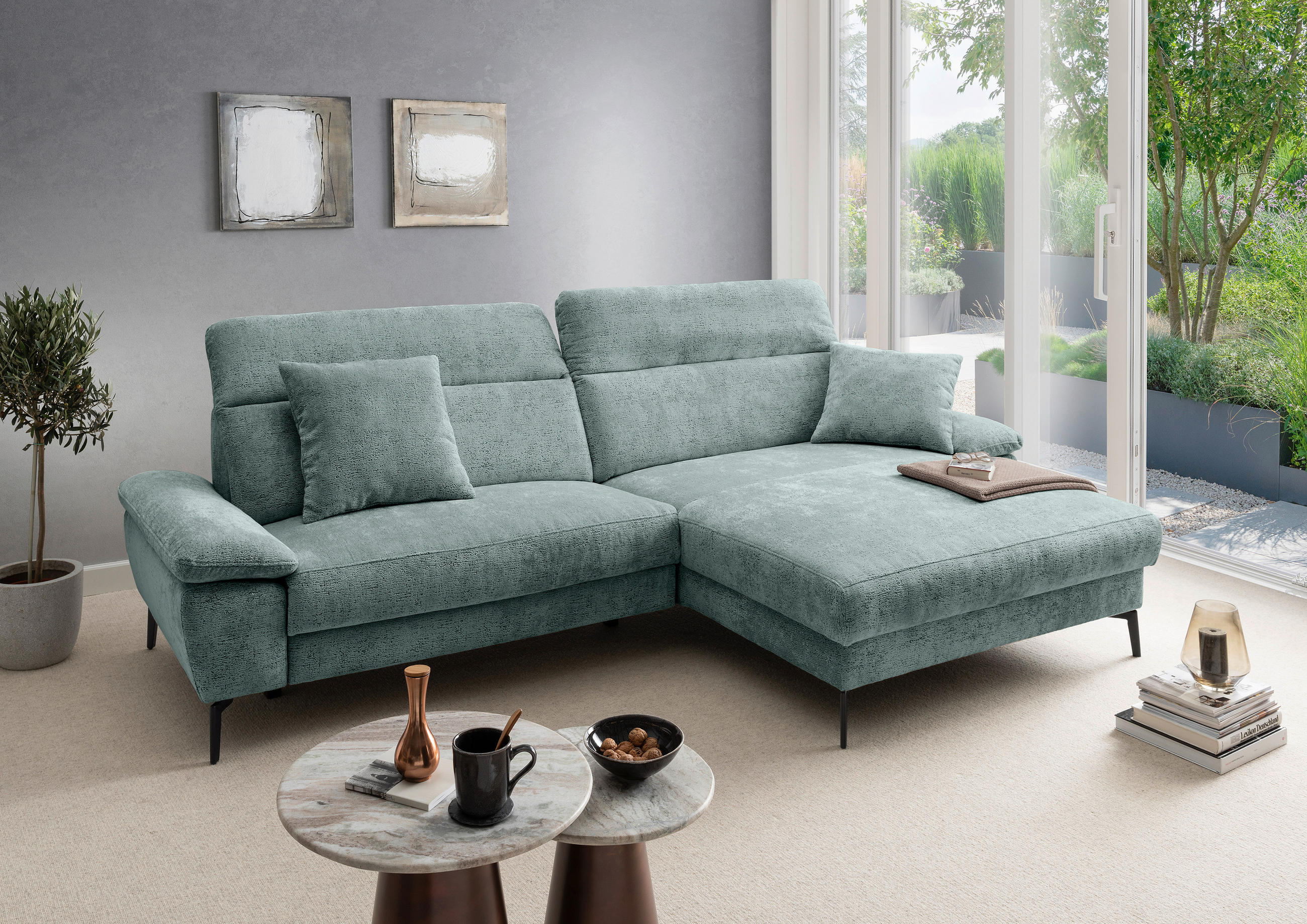 ECKSOFA CANCELLI Chenille Zierkissen, Relaxfunktion  - Schwarz, KONVENTIONELL, Textil/Metall (300/178cm) - Livetastic
