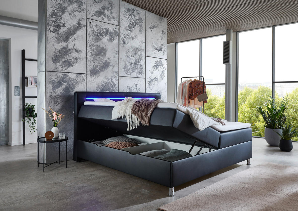 BOXBETT 180/200 cm  in Schwarz  - Chromfarben/Schwarz, MODERN, Textil/Metall (180/200cm) - Livetastic